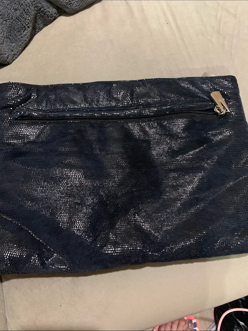 Shimmer Navy Textured Clutch with Zip Accent